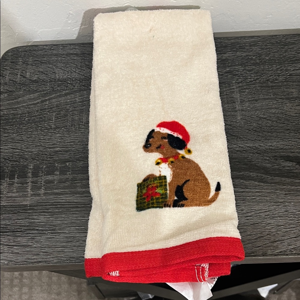 Festive Dog Kitchen and Plaid Towel Set - Cream and Red